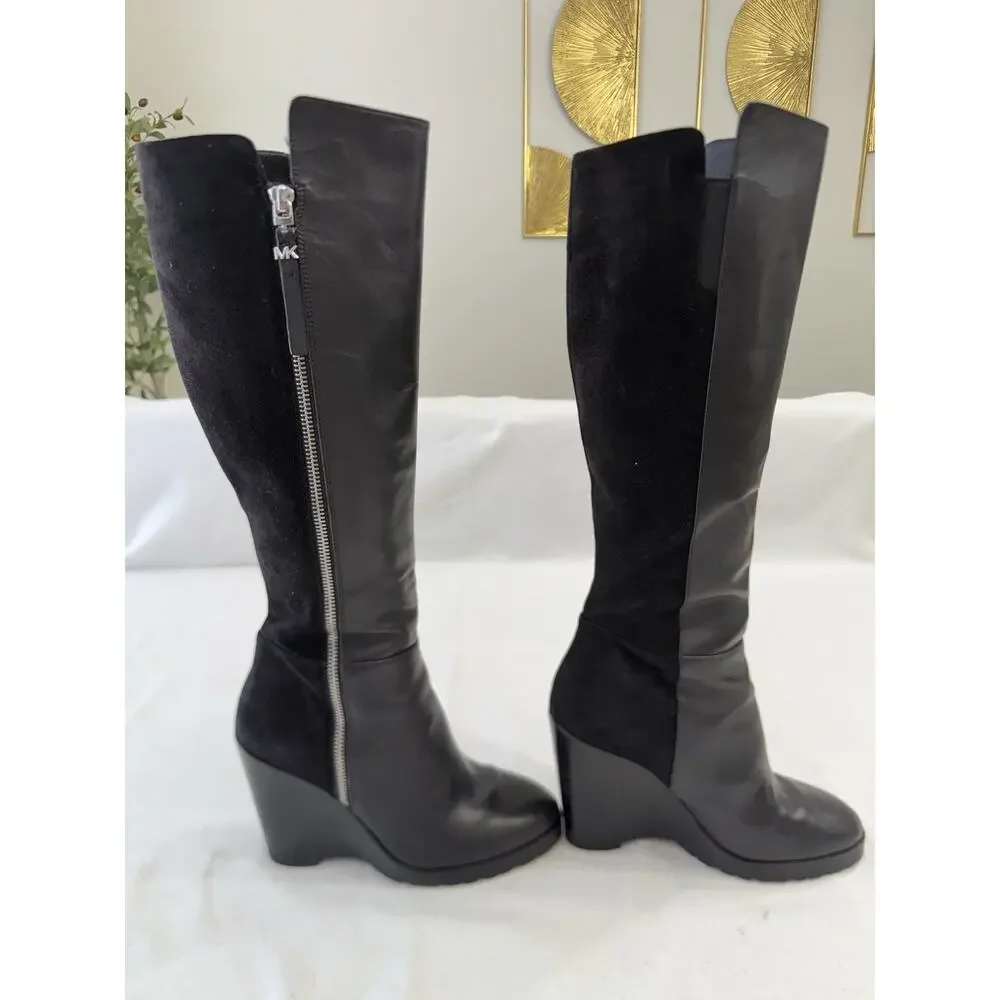 Michael Kors Clara Wedge Knee High Black Leather Women's Boots 6.5M Clean!